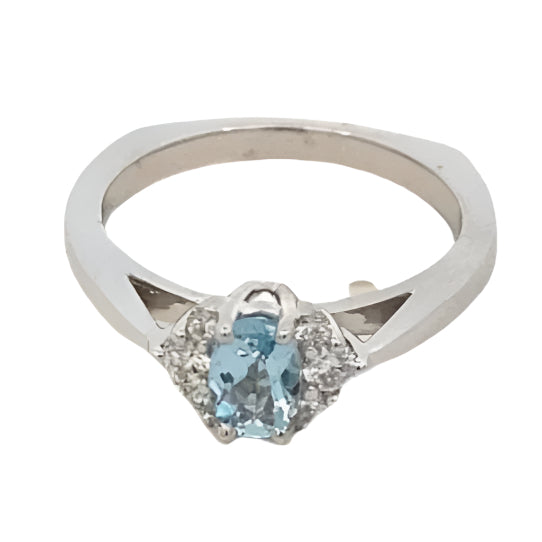 Ring - oval aqua with diamond sides 14kt white gold - Gaines Jewelers