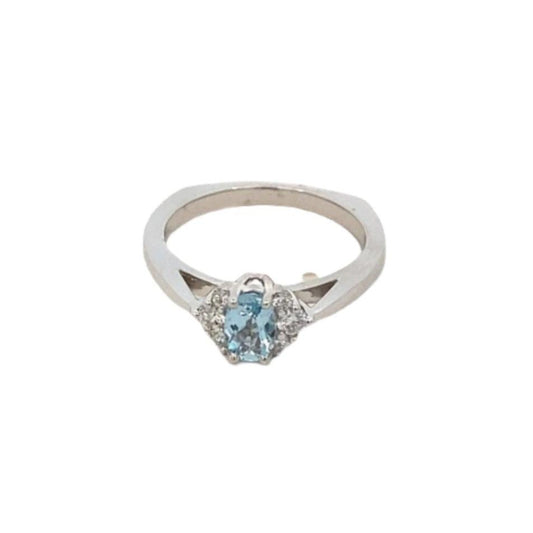 Ring - oval aqua with diamond sides 14kt white gold - Gaines Jewelers