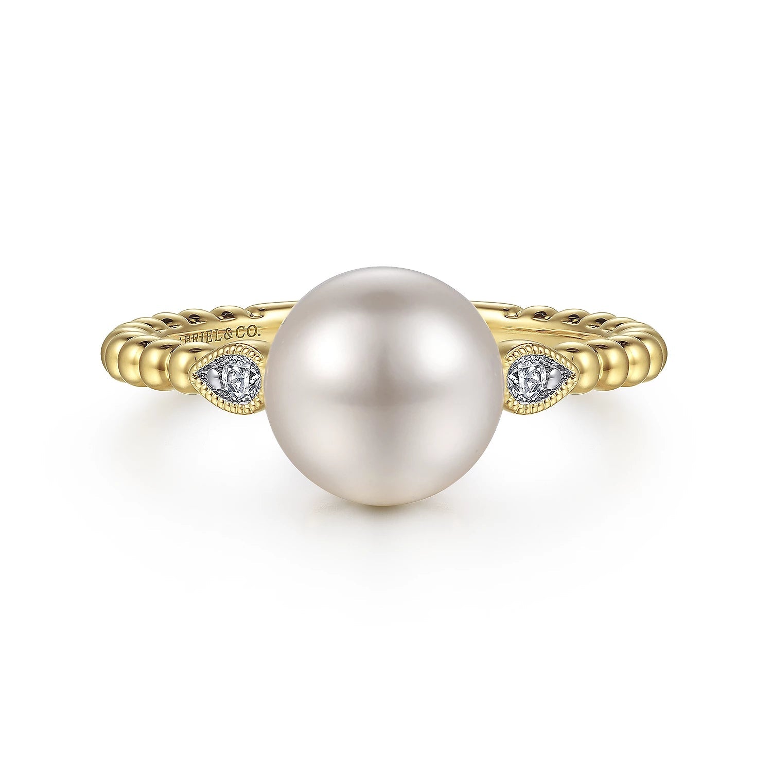 Ring- pearl flanked by diamond, bead shank 14kt yellow gold - Gaines Jewelers