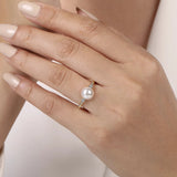 Ring- pearl flanked by diamond, bead shank 14kt yellow gold - Gaines Jewelers