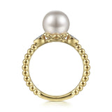Ring- pearl flanked by diamond, bead shank 14kt yellow gold - Gaines Jewelers