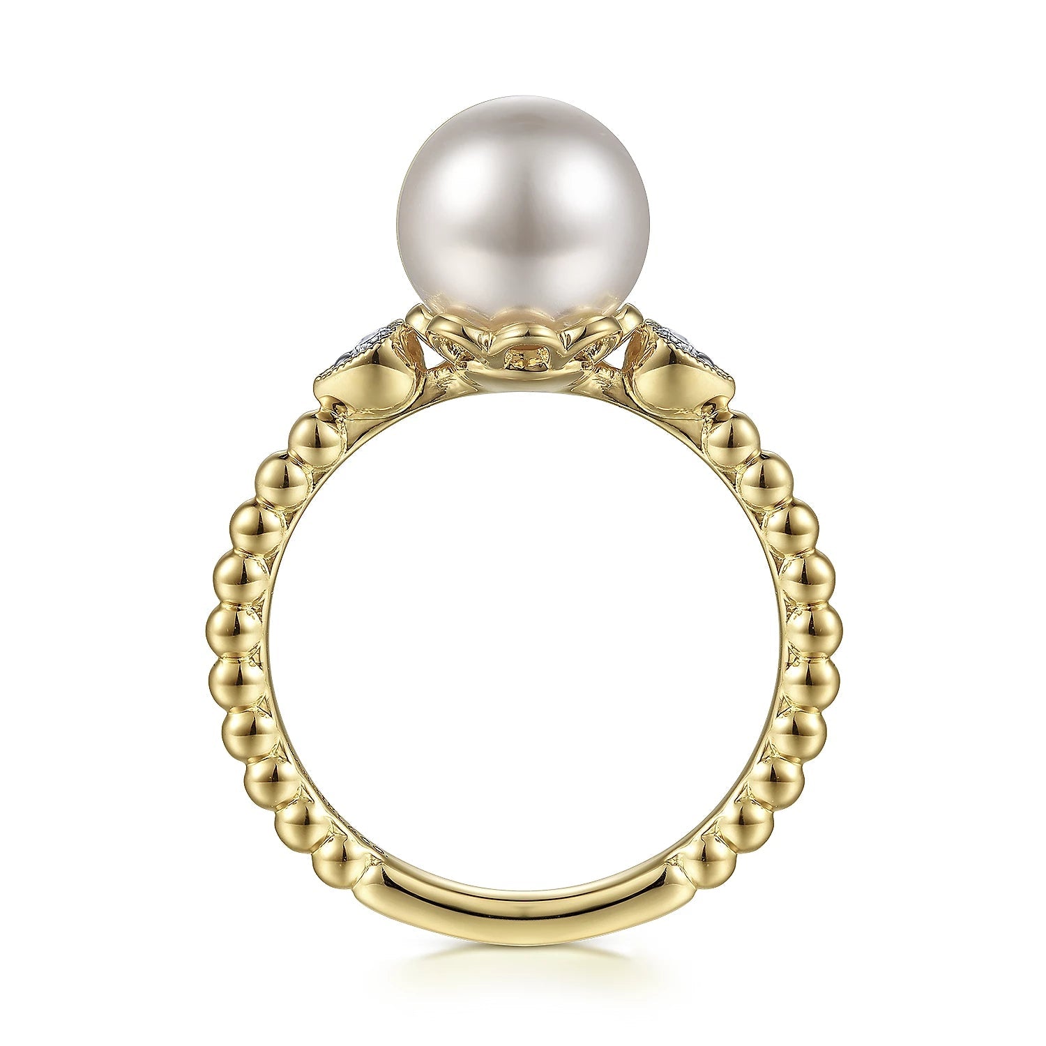 Ring- pearl flanked by diamond, bead shank 14kt yellow gold - Gaines Jewelers