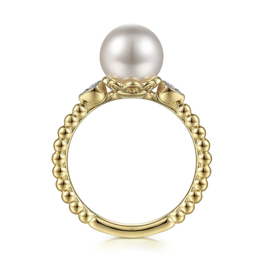 Ring- pearl flanked by diamond, bead shank 14kt yellow gold - Gaines Jewelers