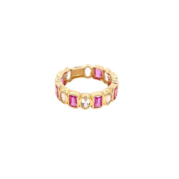 Ring pink sapphire and white topaz bezel set anniversary band 14kt yellow gold - Gaines Jewelers