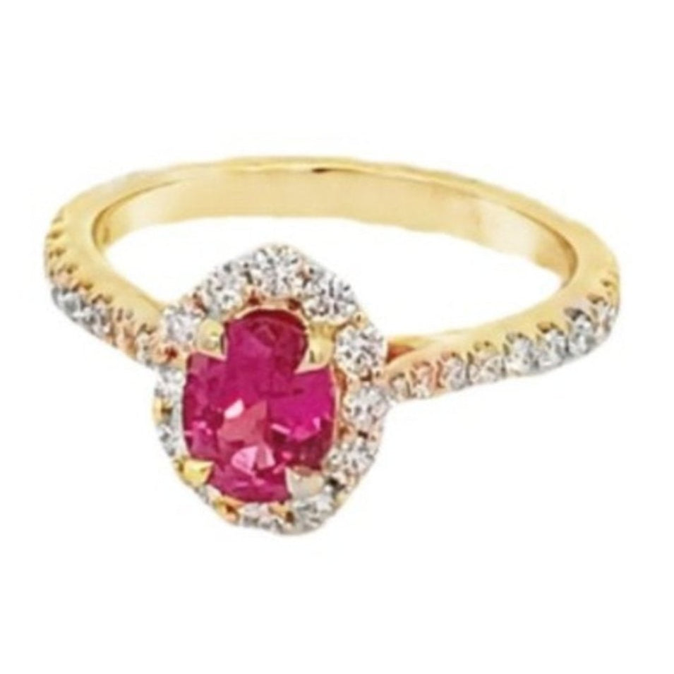 Ring - pink spinel center with diamond halo and shank 14kt yellow gold - Gaines Jewelers