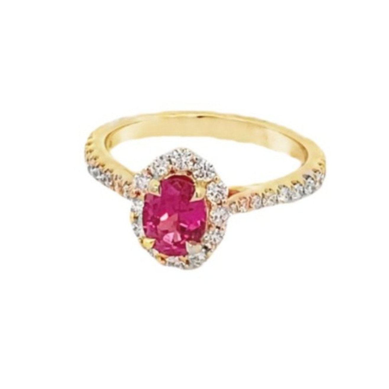 Ring - pink spinel center with diamond halo and shank 14kt yellow gold - Gaines Jewelers