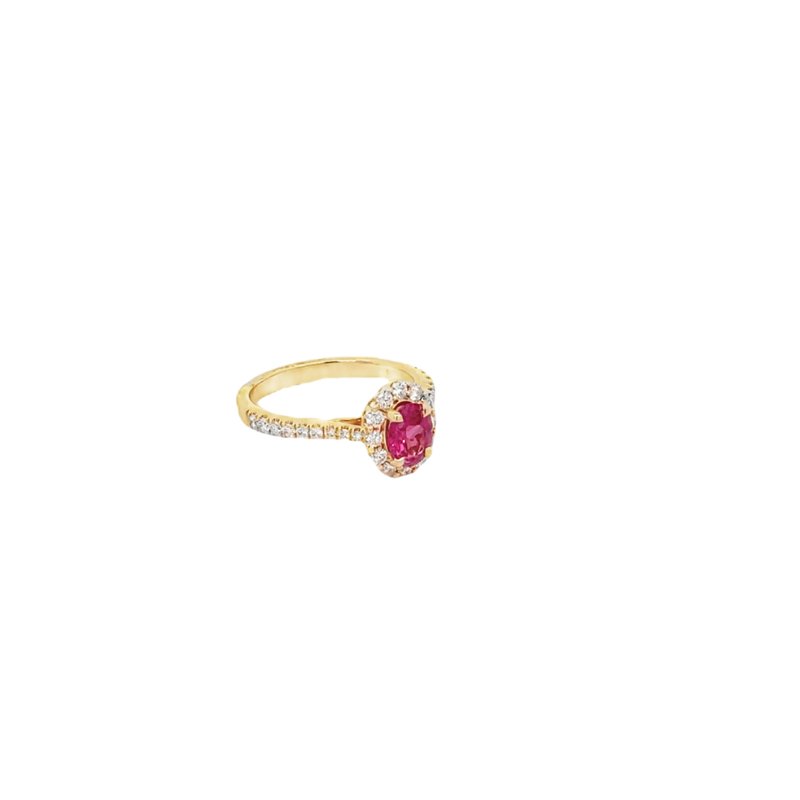 Ring - pink spinel center with diamond halo and shank 14kt yellow gold - Gaines Jewelers