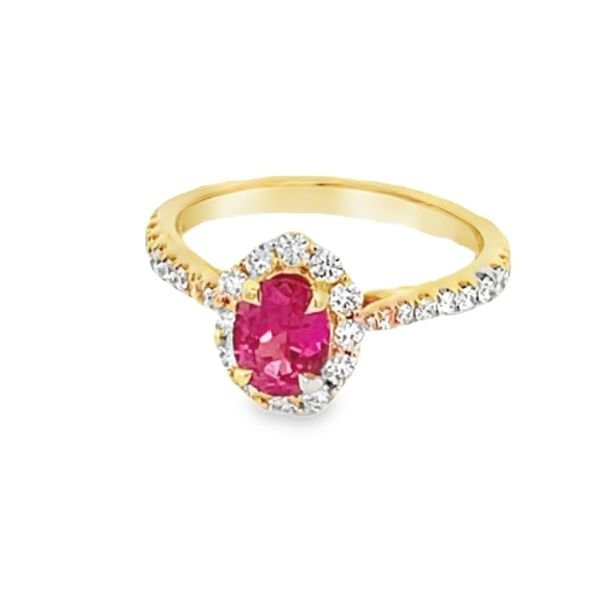 Ring - pink spinel center with diamond halo and shank 14kt yellow gold - Gaines Jewelers