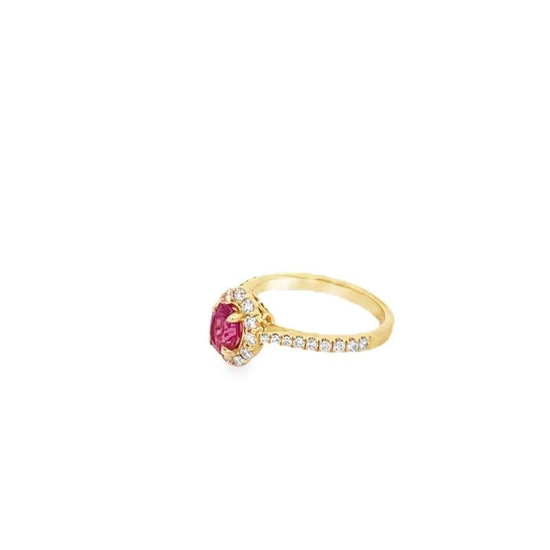 Ring - pink spinel center with diamond halo and shank 14kt yellow gold - Gaines Jewelers