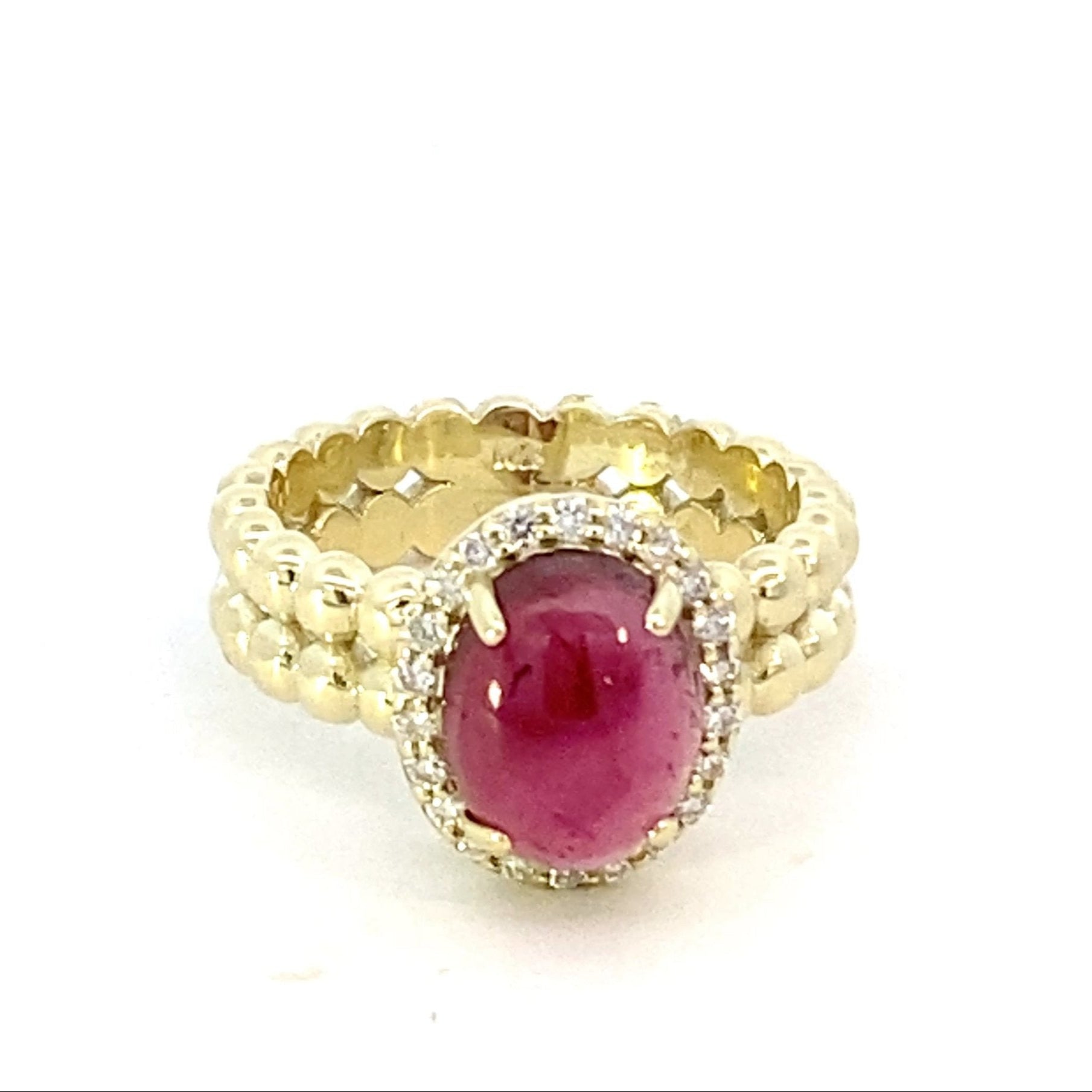 Ring pink tourmaline diamond beaded shank 14kt yellow gold - Gaines Jewelers