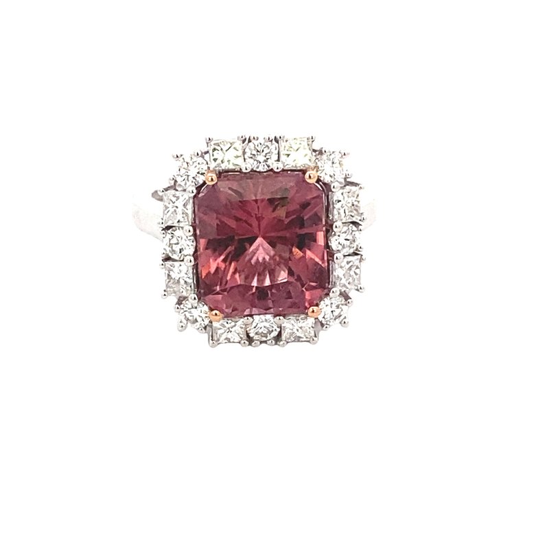 ****Ring - pink tourmaline surrounded by large diamonds 18kt white gold - Gaines Jewelers