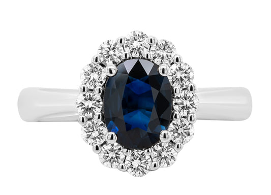 Ring - sapphire in classic halo setting 14kt white gold - Gaines Jewelers