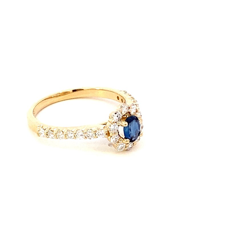 Ring- sapphire ring with diamond halo and shank 14kt yellow gold - Gaines Jewelers