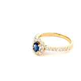 Ring- sapphire ring with diamond halo and shank 14kt yellow gold - Gaines Jewelers