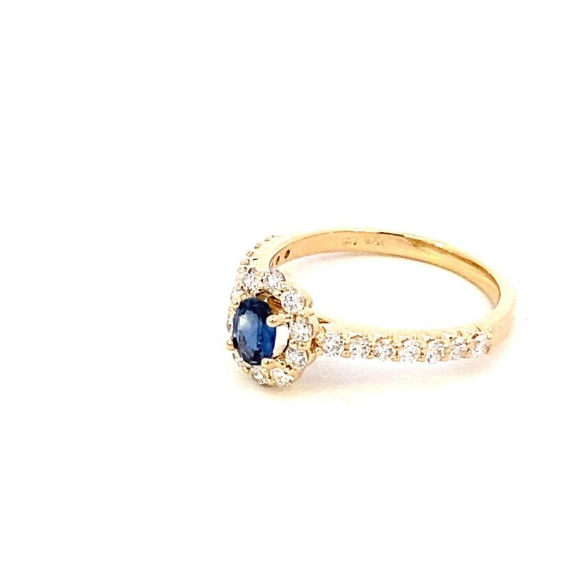 Ring- sapphire ring with diamond halo and shank 14kt yellow gold - Gaines Jewelers
