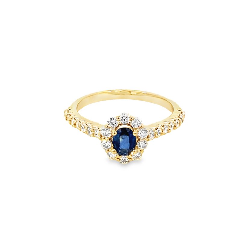 Ring- sapphire ring with diamond halo and shank 14kt yellow gold - Gaines Jewelers