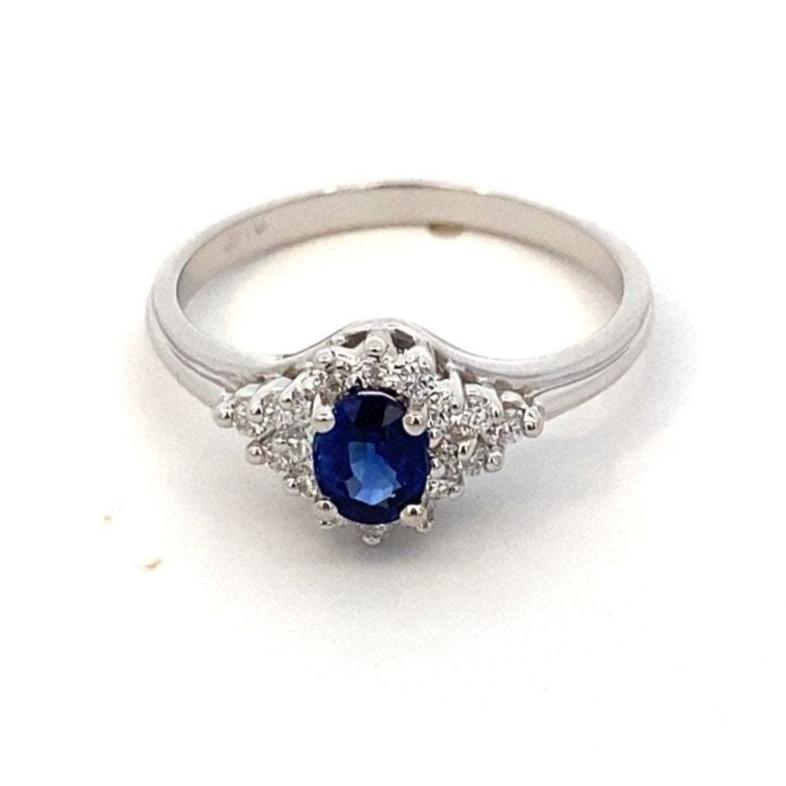 Ring - sapphire with diamond halo & sides 14kt white gold - Gaines Jewelers