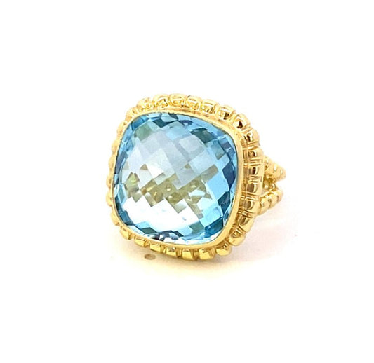 Ring Set With 1 Large Square Sky Blue Topaz in Fluted Bezel 14kt Yellow Gold - Raymond Mazza - Gaines Jewelers