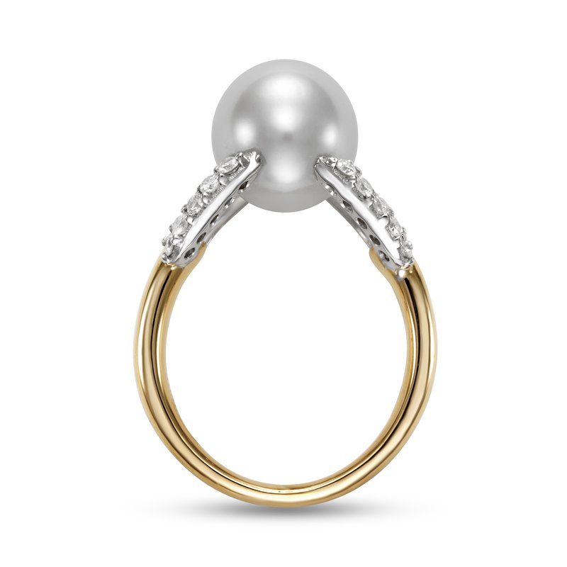 Ring set with a 10mm pearl accented on sides with open diamond squares 18kt yellow gold - Gaines Jewelers