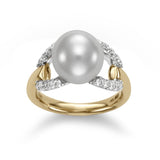 Ring set with a 10mm pearl accented on sides with open diamond squares 18kt yellow gold - Gaines Jewelers