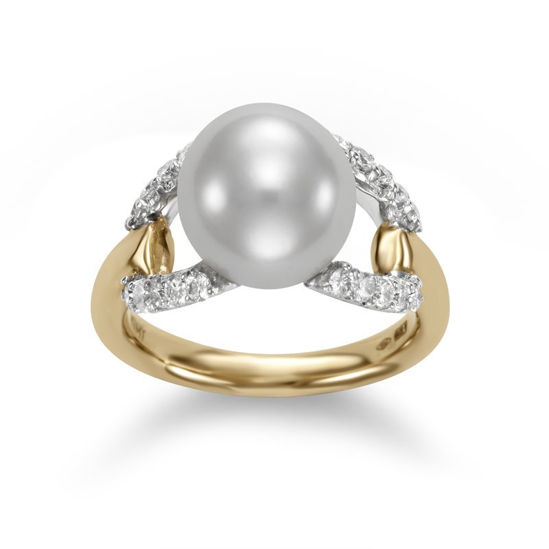 Ring set with a 10mm pearl accented on sides with open diamond squares 18kt yellow gold - Gaines Jewelers