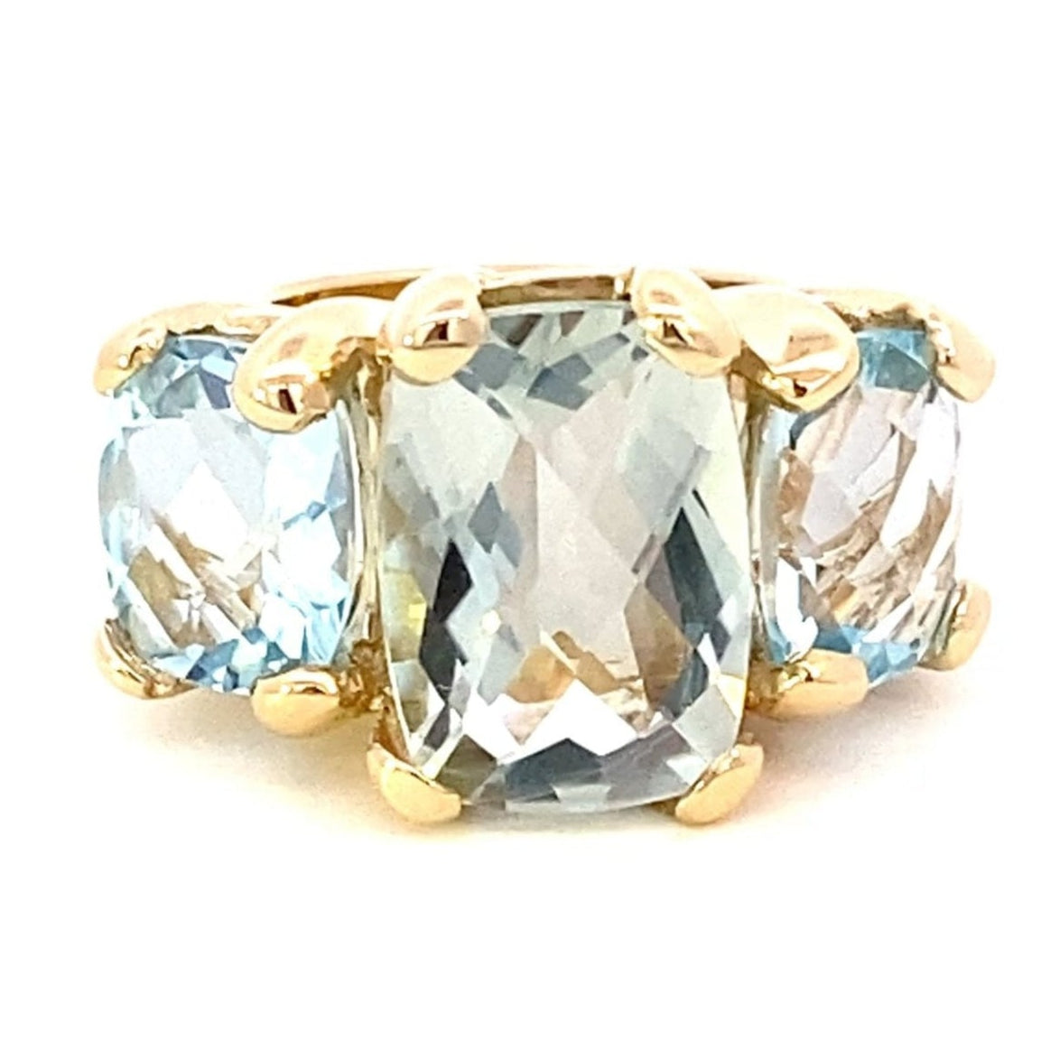 Ring set with a center green amethyst with side blue topaz in 14kt yellow gold - Gaines Jewelers