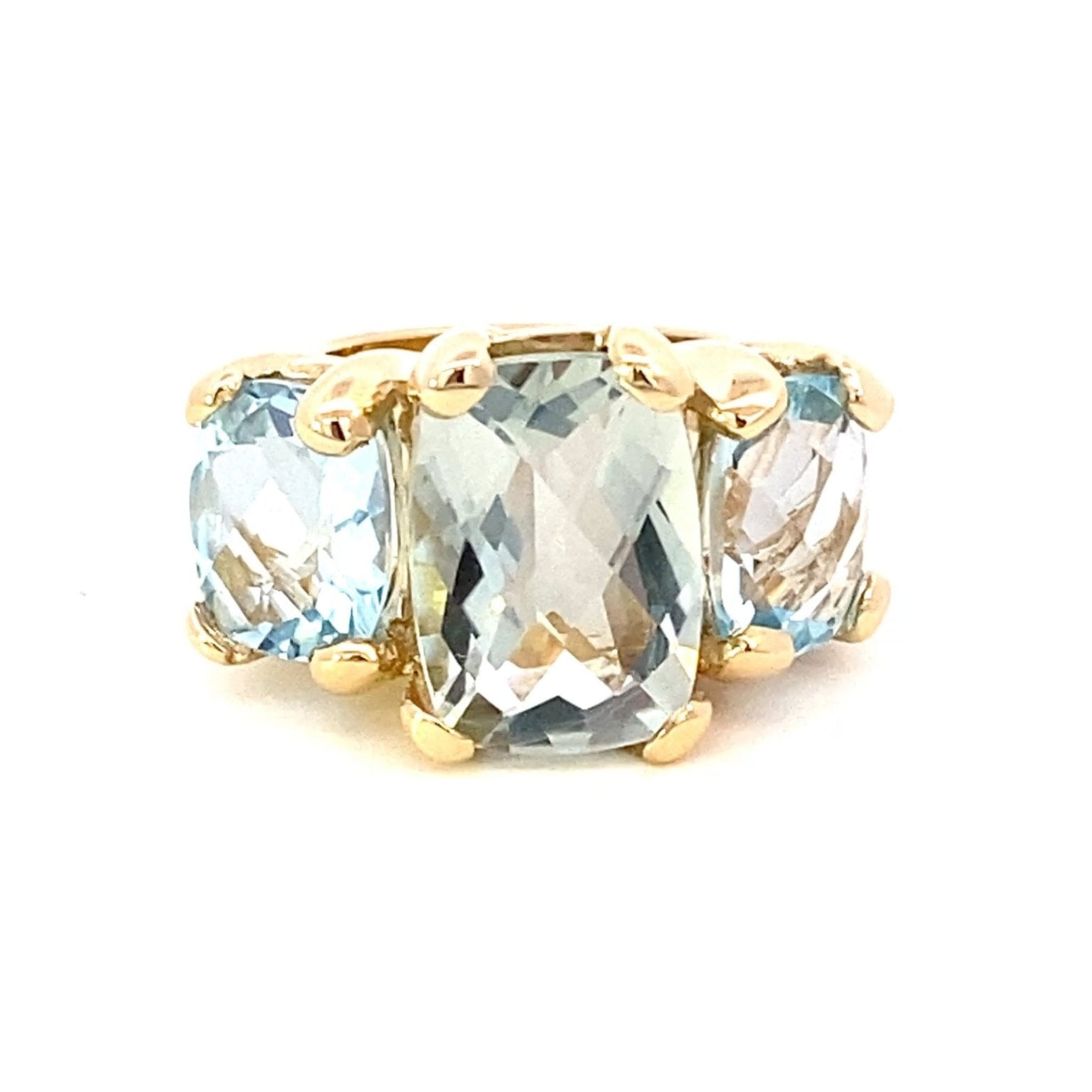 Ring set with a center green amethyst with side blue topaz in 14kt yellow gold - Gaines Jewelers