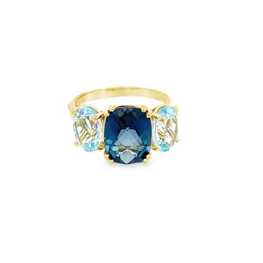 Ring set with a center London blue topaz flanked by Sky blue topaz 14kt yellow gold - Gaines Jewelers