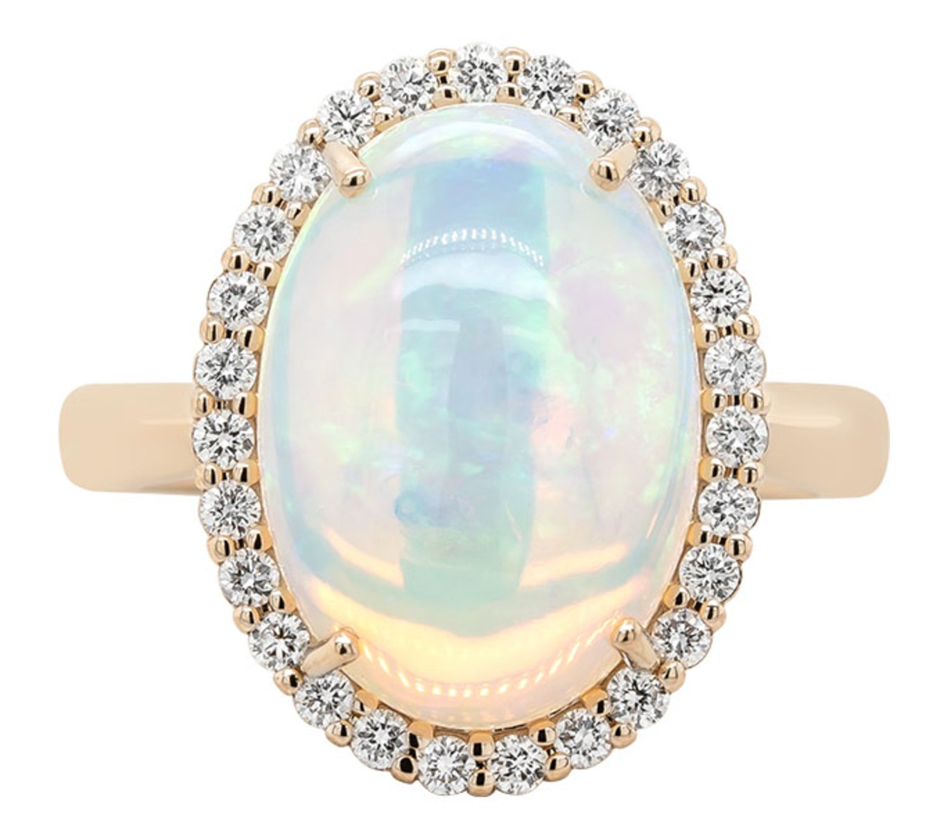 Ring set with a large oval opal surrounded by diamonds 14kt yellow gold - Gaines Jewelers