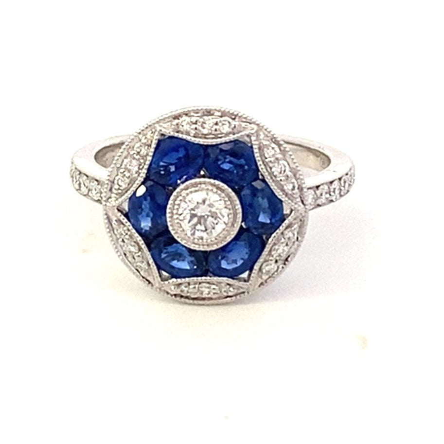 Ring set with a star shape of sapphires accented with diamonds 18kt white gold - Gaines Jewelers