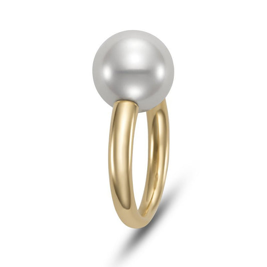 Ring set with an 11mm pearl in a plain tubular shank 18kt yellow gold - Gaines Jewelers