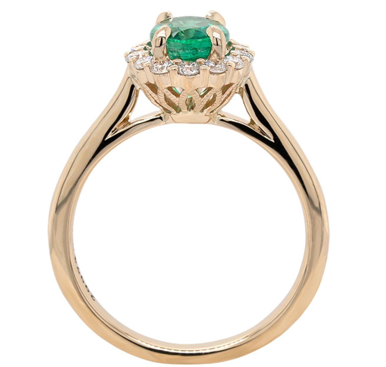 Ring set with an oval emerald surrounded by a diamond halo 14kt yellow gold - Gaines Jewelers