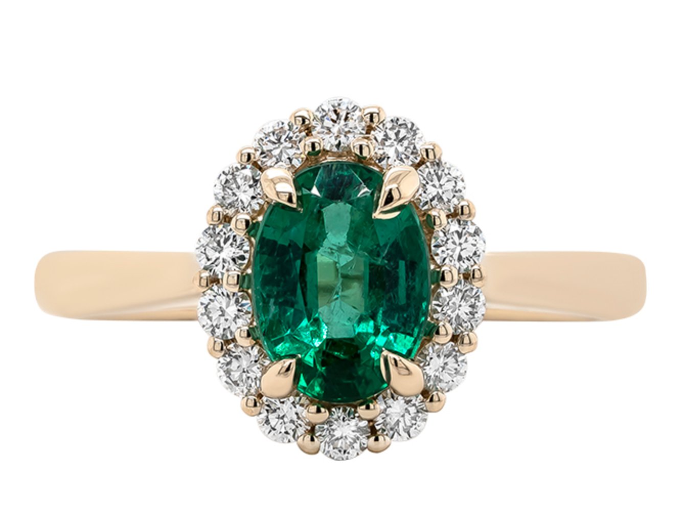 Ring set with an oval emerald surrounded by a diamond halo 14kt yellow gold - Gaines Jewelers