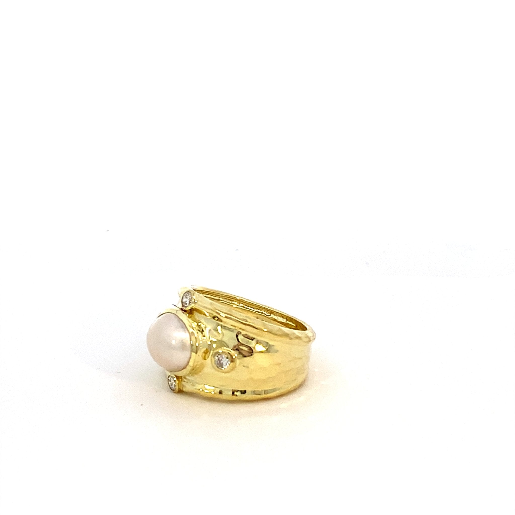 Ring set with mabe pearl & diamonds, wide shank in 14kt yellow gold by Raymond Mazza - Gaines Jewelers