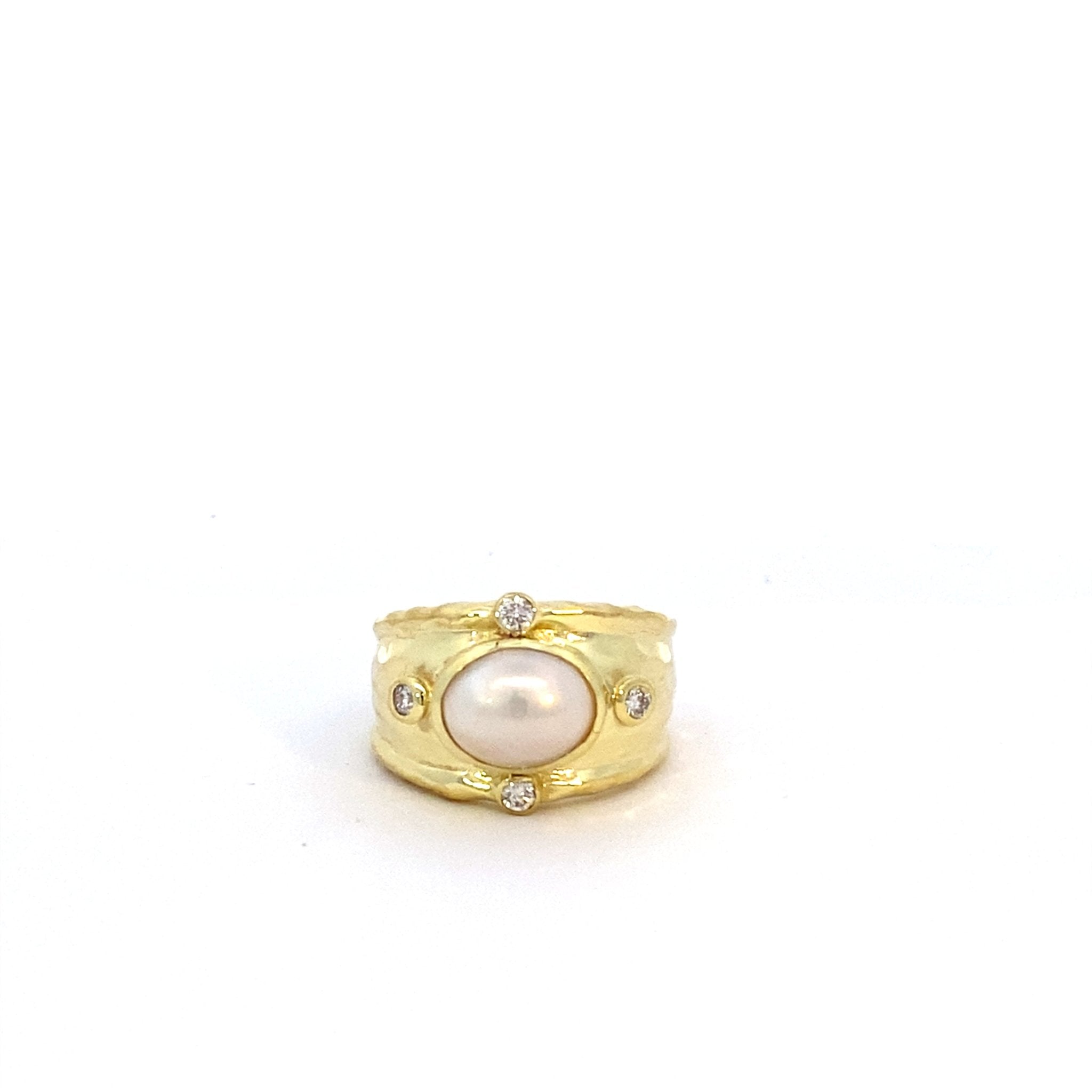 Ring set with mabe pearl & diamonds, wide shank in 14kt yellow gold by Raymond Mazza - Gaines Jewelers