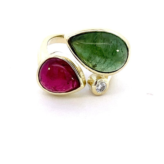 Ring set with pink & green tourmaline accented with diamond 14kt yellow gold - Gaines Jewelers