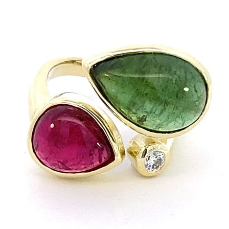 Ring set with pink & green tourmaline accented with diamond 14kt yellow gold - Gaines Jewelers