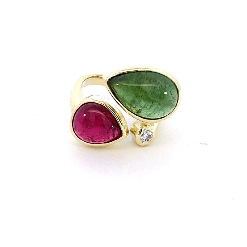 Ring set with pink & green tourmaline accented with diamond 14kt yellow gold - Gaines Jewelers