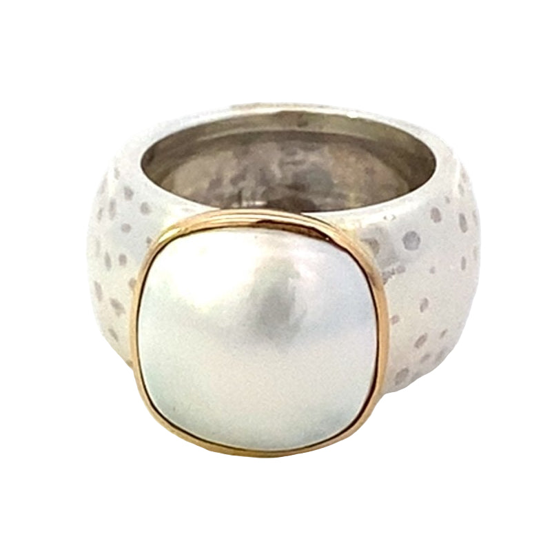 Ring with a cushion shaped mabe pearl on a wide shank, 2 - tone - Gaines Jewelers