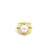 Ring with a mabe pearl 4 diamonds wide hammered shank 14kt yellow gold - Mazza - Gaines Jewelers