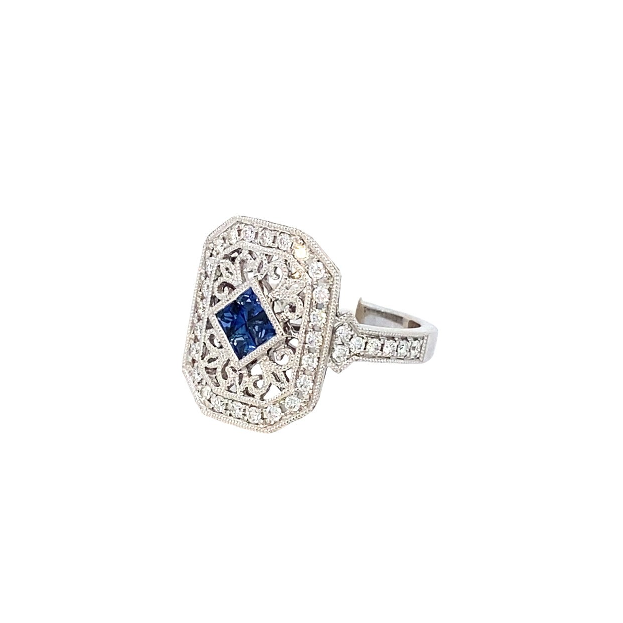 Ring with diamonds coin edge elongated octagonal halo with filigree design around center sapphire cluster 14kWG - Rego - Gaines Jewelers