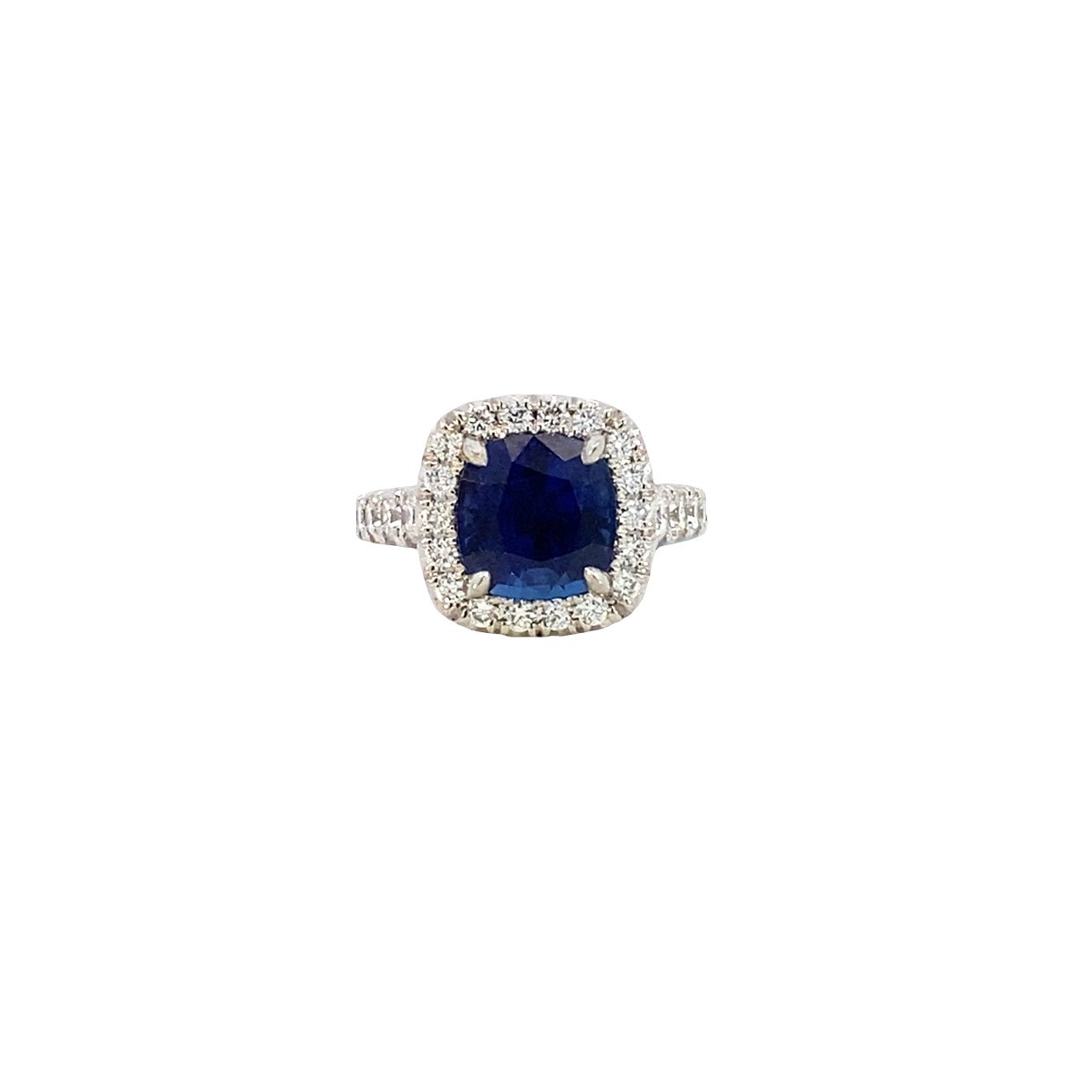 Ring with diamonds halo & shank Sapphire=4.47ct Dia=1.11ct Platinum - Rego - Gaines Jewelers