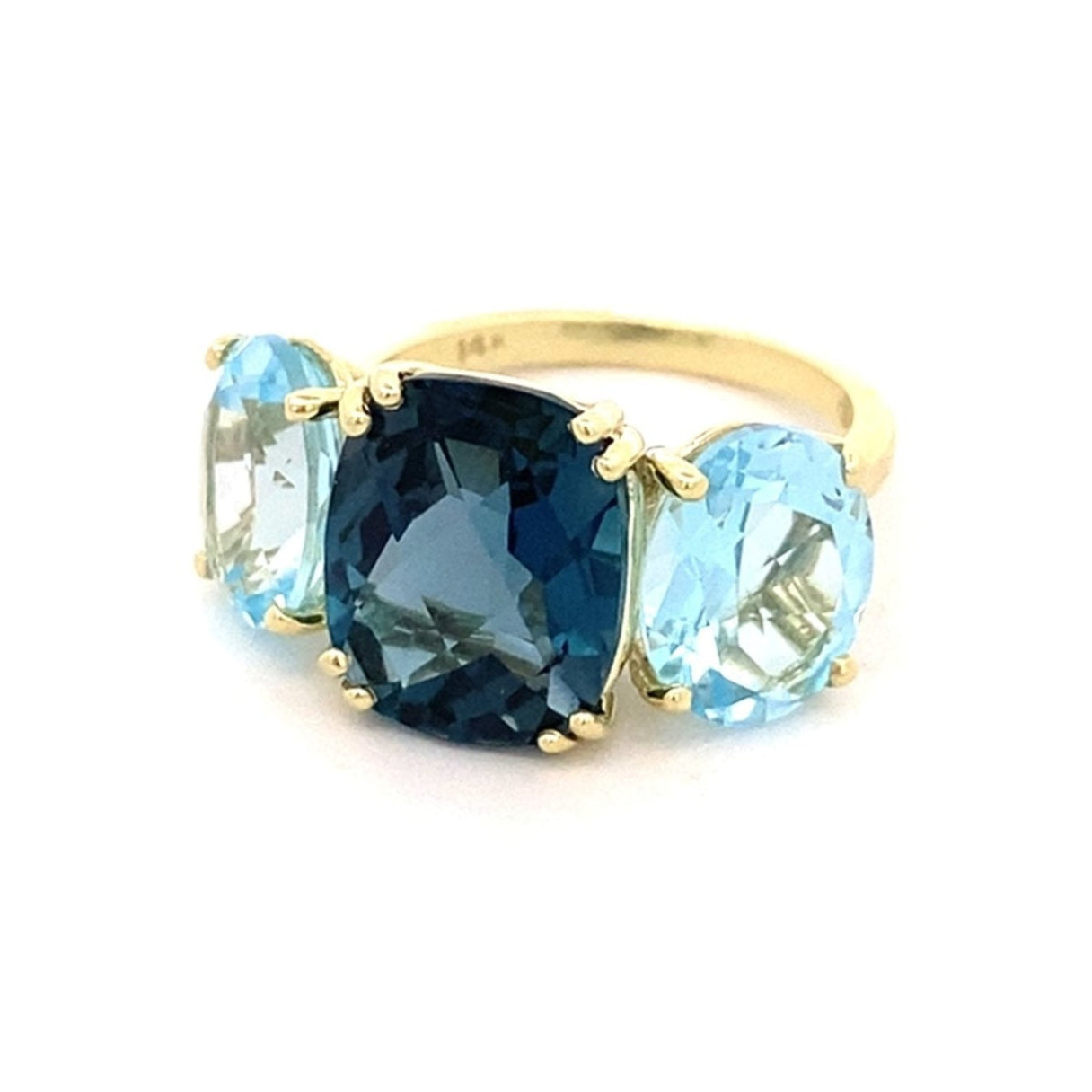 Ring with London blue topaz flanked by sky blue topaz 14kt yellow gold - Gaines Jewelers
