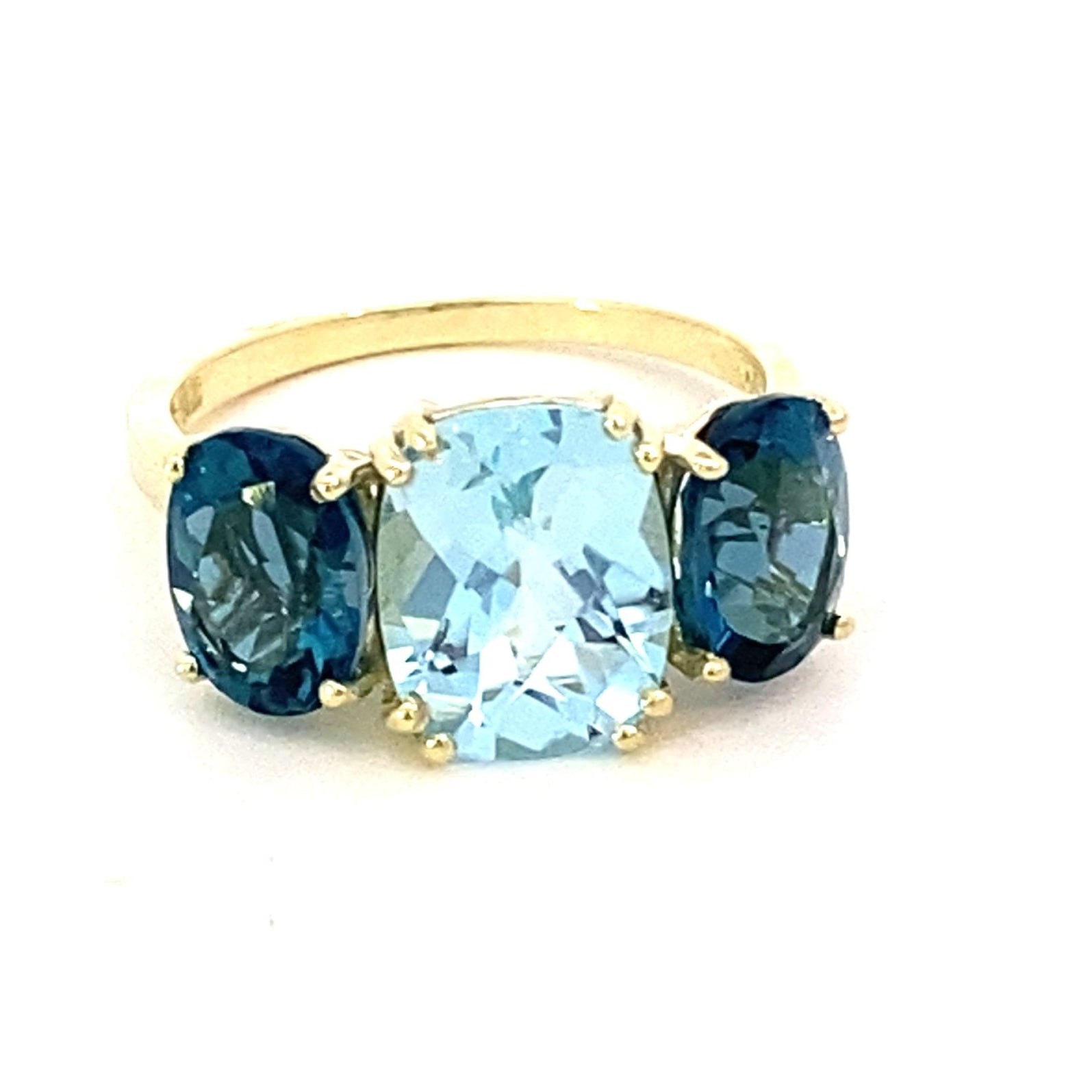 Ring with Sky blue topaz flanked by London blue topaz 14kt yellow gold - Gaines Jewelers