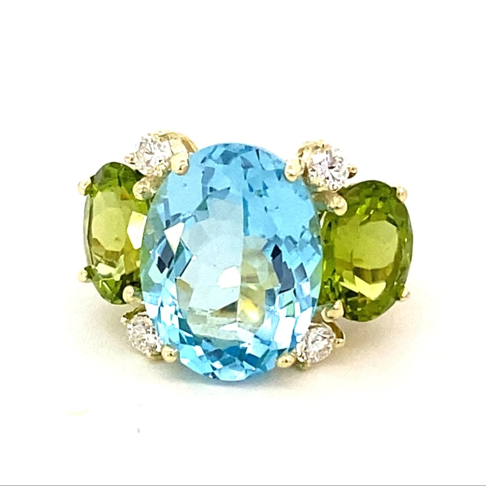 Ring with sky blue topaz peridot and diamonds 14kt yellow gold - Gaines Jewelers