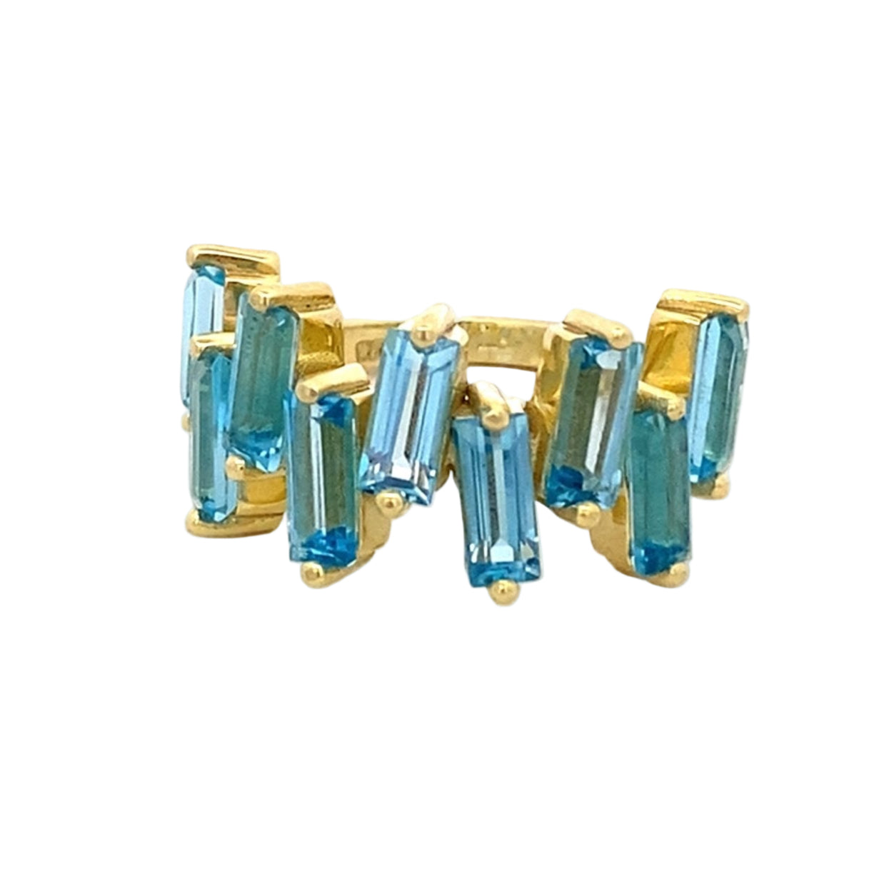 Ring with Swiss blue topaz in a zig - zag design 14kt yellow gold - Gaines Jewelers