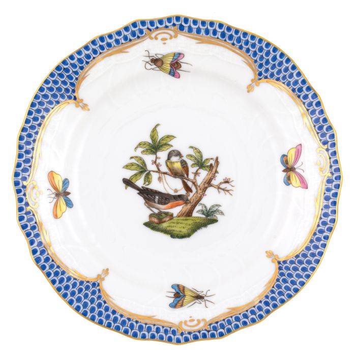 Rothschild Bird Bread & Butter Plate - Blue Border - Motif 2 - Herend - Gaines Jewelers