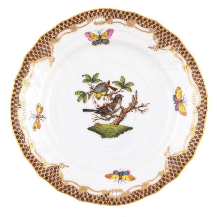 Rothschild Bird Bread & Butter Plate Brown Border Motif 1 - Herend - Gaines Jewelers