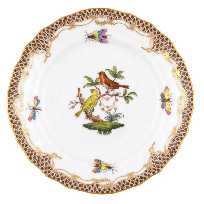 Rothschild Bird Bread & Butter Plate - Brown Border - Motif 6 - Herend - Gaines Jewelers