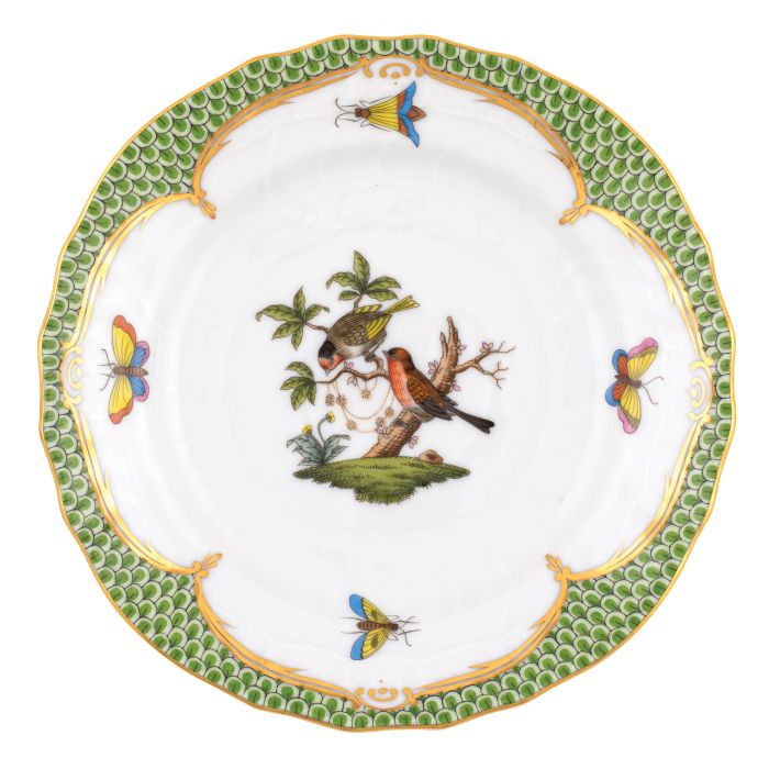 Rothschild Bird Bread & Butter Plate - Green Border - Motif 10 - Herend - Gaines Jewelers